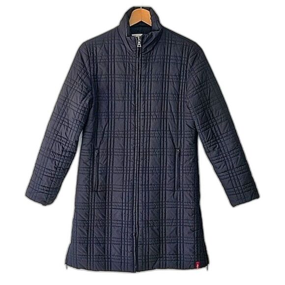 LEVI'S Black Plaid Quilted Long Puffer Coat Jacket size XS Neutral Warm Winter - Picture 1 of 16